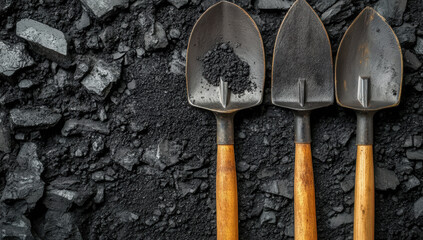 Close up view of an assortment of essential construction and gardening tools including a trowel shovel and spade neatly arranged on a dirt textured building site background 