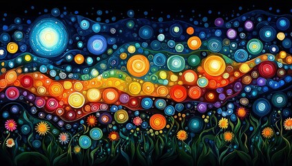 Wall Mural - abstract aboriginal dot painting with colorful swirls and dots, vibrant colors, dark background