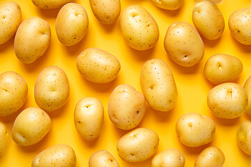 Fresh potatoes on a yellow background. Concept ornament for advertising, harvest, store, wallpaper and print