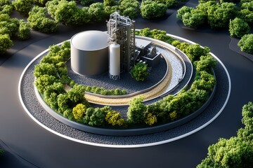 Fototapete - Biomass facility blueprint is highlighted in a minimalist design showing the detailed layout of a bioenergy processing plant