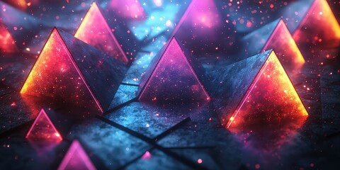 Wall Mural - Abstract background with glowing neon triangles and geometric shapes in blue, pink, and red colors. 