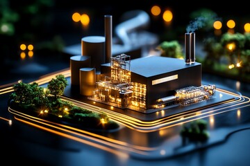 Fototapete - Biomass facility structure is highlighted in a minimalist blueprint of a bioenergy processing plant, showing its innovative design