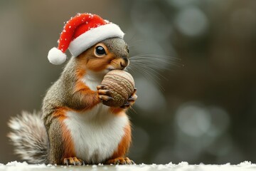 Wall Mural - Happy Christmas squirrel holding an acorn with a tiny Santa hat