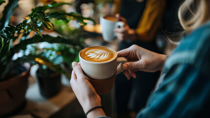 Close-up of a Latte Art Coffee Cup in a Cafe