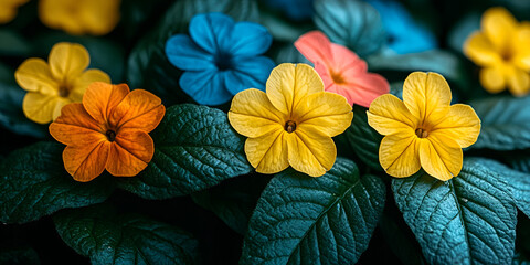 Wall Mural - Vibrant colorful flowers blooming among lush green leaves in a tranquil garden setting during the afternoon light