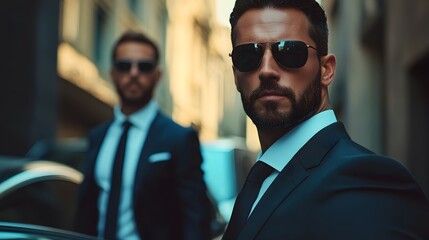 Two bodyguards in black suits standing beside a luxury vehicle in an urban environment