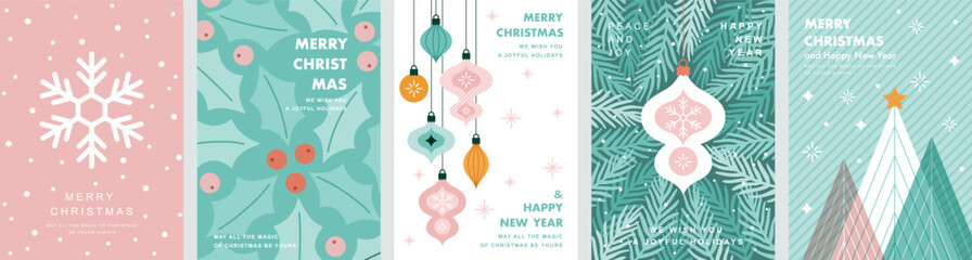 Christmas Minimalist card set - abstract Holidays flyers. Lettering with Christmas and New Year decorative elements. Vector illustration.