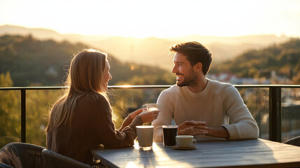 Romantic Couple Enjoying Coffee on Balcony with Sunset View