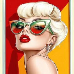 Poster - A cartoon-style 50's model woman, blond hair wearing sunglasses, icon, avatar, profile