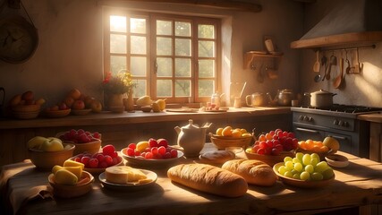 A cozy village kitchen, filled with the warm aroma of freshly baked bread and the sound of sizzling bacon on the stove. The rustic wooden table is set for a hearty breakfast, with colorful fruits and 