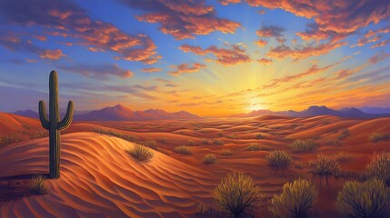 Wall Mural - A serene desert sunrise with golden sand dunes, a lone cactus, and the first light of day breaking over the horizon