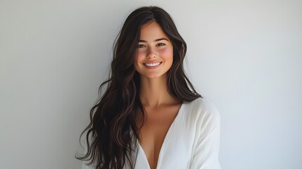 young woman with long dark hair poses confidently on white background