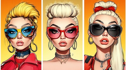 set of three  cartoon-style portrait blond woman as a hipster with exaggerated features,   isolated transparent, png background, character profile avatar