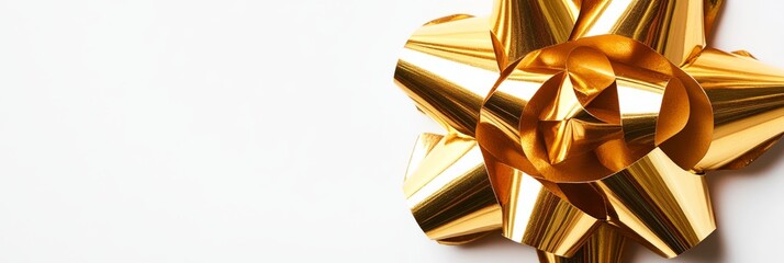 This image features a detailed view of a gold gift bow set against a pure white backdrop, highlighting its reflective surface and elegant folds, perfect for holiday presents