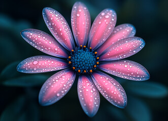 Wall Mural - Close-up view of a vibrant pink flower with water droplets in a lush garden setting during early morning hours