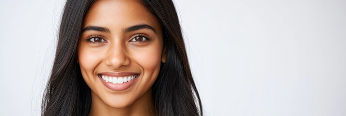 Wall Mural - A young Asian Indian woman stands straight, displaying a warm and radiant smile. Her perfect teeth shine as she engages the viewer with her cheerful expression