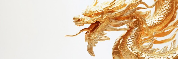 A golden Chinese dragon figurine showcases intricate details and craftsmanship, elegantly positioned against a pure white background to highlight its features