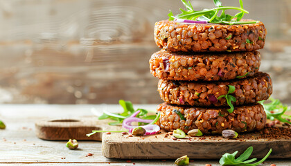 Poster - Vegan burgers with lentils and pistachios stacked on a cutting board