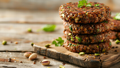 Wall Mural - Vegan burgers with lentils and pistachios stacked on a cutting board