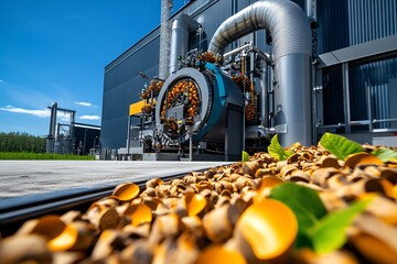 Biomass renewable energy is highlighted in a realistic photo of a biofuel processing plant, showcasing clean and sustainable power production