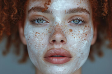 Young mulatto woman with curly red hair and white facial mask applied at home, beauty skin care routine concept