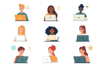 Aufkleber - Nine people of various backgrounds focus intently on their laptops, immersed in a creative working environment together. Generative AI