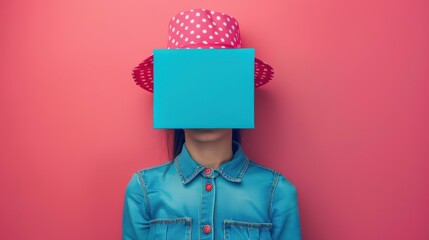 Woman in Polka Dot Hat Holding Blank Blue Card