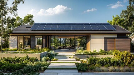 Modern smart home with large solar panel array on the roof surrounded by lush greenery