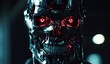 © Vladislav - Close-up of a robot, with glowing red eyes and a skull-like face, set against a dark background with cinematic lighting