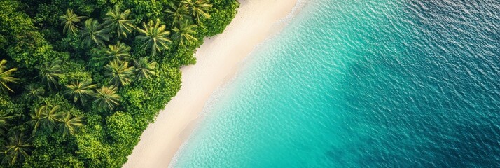 Poster - Experience the beauty of a tropical beach, where turquoise waters meet soft sands and vibrant foliage under clear skies on a sunlit day