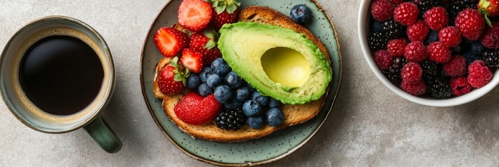 Wall Mural - Savor a vibrant breakfast with avocado toast topped with fresh blueberries and strawberries, a bowl of mixed berries, and a cup of coffee—perfect for a sunny morning!