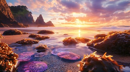 Wall Mural - Tranquil Beach at Low Tide, Tide Pools Alive with Colorful Sea Creatures, and a Setting Sun Over the Horizon










