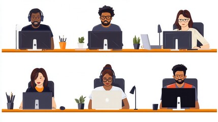 Poster - A diverse group of individuals works intently at computer desks with plants and office supplies, showcasing teamwork and productivity. Generative AI