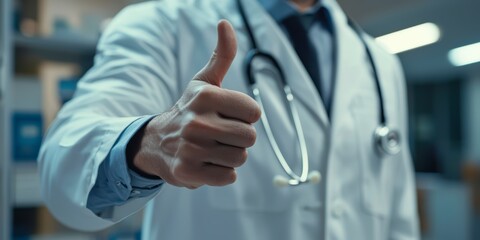 Wall Mural - A doctor in a white coat with a stethoscope gives a thumbs up in the background of the clinic