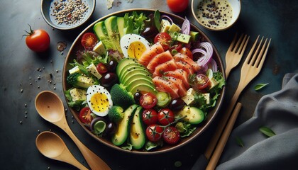 Delicious and healthy salad with avocado, salmon, egg, cherry tomatoes, and red onion.