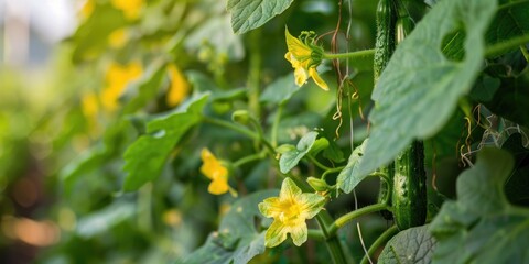 Wall Mural - Cucumber plants climbing along trellis in garden Close up of cucumber flower on trellis