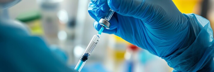 Gloved hands expertly hold a syringe and vial, preparing a vaccine in a clinical environment, emphasizing the importance of immunization and health services