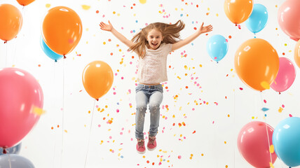 Mujer Saltando de Felicidad con Globos y Confeti