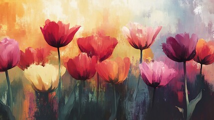 Wall Mural - Abstract Oil Painting of Vibrant Tulips in a Field