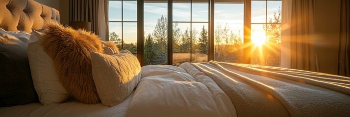 Wall Mural - This luxurious bedroom showcases a king-sized bed adorned with fluffy pillows, illuminated by beautiful golden hour light streaming through large windows