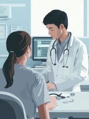 Aufkleber - A doctor in a white lab coat is carefully examining a patient in a clean, modern clinic room, using a stethoscope for a check-up. Generative AI