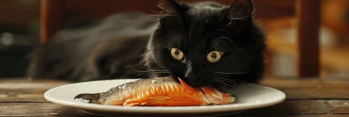 Black Cat Feasting on Fish