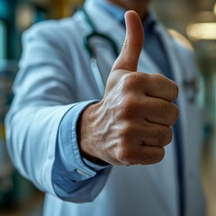 Wall Mural - A doctor in a white coat with a stethoscope gives a thumbs up in the background of the clinic