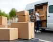 © kokoson6 - A scene showing a person unloading boxes from a delivery van, emphasizing logistics and family teamwork in a parking area.