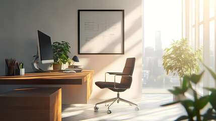 3d rendering of stylish workspace with minimalist desk and bright natural light. Minimalist. Illustration