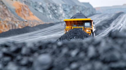 Open Pit Mine Industry with Big Yellow Mining Truck | Heavy Machinery in Action for Mineral Extraction and Mining Operations