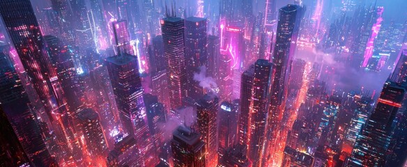 Wall Mural - Aerial View of a Futuristic City at Night with Neon Lights and Fog