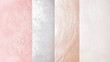 © Enigma - Four vertical bands of metallic textured backgrounds in shades of rose gold, silver and white, creating an elegant abstract background