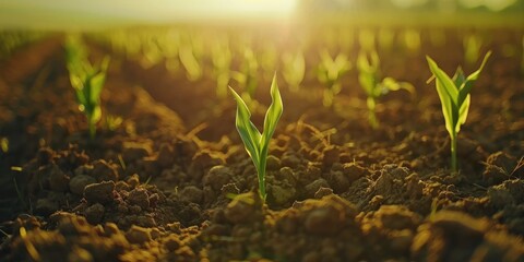 Sticker - Young corn seedling sprouts growing in cultivated farm field with shallow depth of field Closeup of agricultural scene with green corn sprouts in the earth