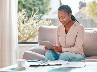 Poster - Tablet, relax and African woman in home living room reading on sofa, social media or ebook. Tech, smile and happy person web scrolling, online browsing or streaming video, movie or film in lounge